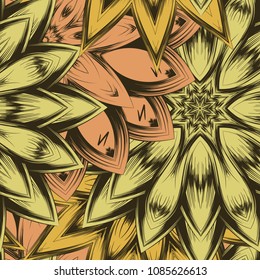 Seamless floral background. Tracery handmade nature ethnic fabric backdrop pattern with flowers. Textile design texture. Decorative color art. Vector