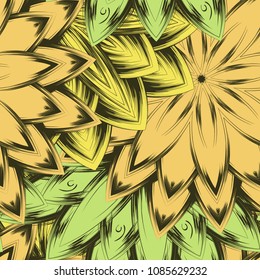Seamless floral background. Tracery handmade nature ethnic fabric backdrop pattern with flowers. Textile design texture. Decorative color art. Vector