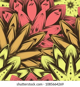 Seamless floral background. Tracery handmade nature ethnic fabric backdrop pattern with flowers. Textile design texture. Decorative color art. Vector