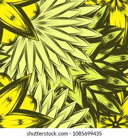 Seamless floral background. Tracery handmade nature ethnic fabric backdrop pattern with flowers. Textile design texture. Decorative color art. Vector