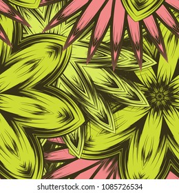 Seamless floral background. Tracery handmade nature ethnic fabric backdrop pattern with flowers. Textile design texture. Decorative color art. Vector