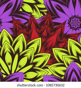 Seamless floral background. Tracery handmade nature ethnic fabric backdrop pattern with flowers. Textile design texture. Decorative color art. Vector
