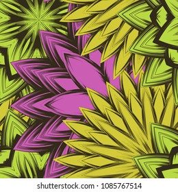 Seamless floral background. Tracery handmade nature ethnic fabric backdrop pattern with flowers. Textile design texture. Decorative color art. Vector