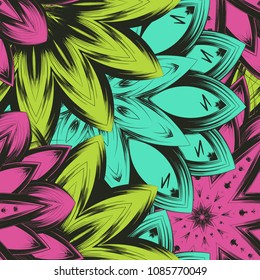 Seamless floral background. Tracery handmade nature ethnic fabric backdrop pattern with flowers. Textile design texture. Decorative color art. Vector