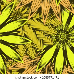Seamless floral background. Tracery handmade nature ethnic fabric backdrop pattern with flowers. Textile design texture. Decorative color art. Vector