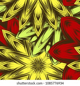 Seamless floral background. Tracery handmade nature ethnic fabric backdrop pattern with flowers. Textile design texture. Decorative color art. Vector