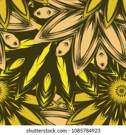 Seamless floral background. Tracery handmade nature ethnic fabric backdrop pattern with flowers. Textile design texture. Decorative color art. Vector