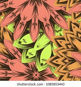 Seamless floral background. Tracery handmade nature ethnic fabric backdrop pattern with flowers. Textile design texture. Decorative color art. Vector