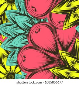 Seamless floral background. Tracery handmade nature ethnic fabric backdrop pattern with flowers. Textile design texture. Decorative color art. Vector