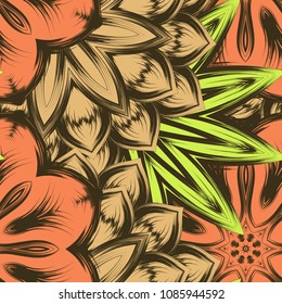 Seamless floral background. Tracery handmade nature ethnic fabric backdrop pattern with flowers. Textile design texture. Decorative color art. Vector