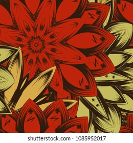 Seamless floral background. Tracery handmade nature ethnic fabric backdrop pattern with flowers. Textile design texture. Decorative color art. Vector