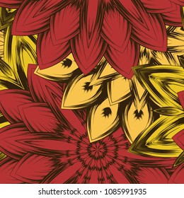 Seamless floral background. Tracery handmade nature ethnic fabric backdrop pattern with flowers. Textile design texture. Decorative color art. Vector