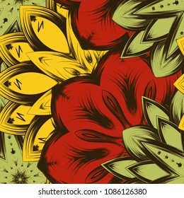 Seamless floral background. Tracery handmade nature ethnic fabric backdrop pattern with flowers. Textile design texture. Decorative color art. Vector