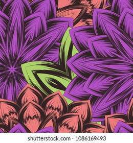 Seamless floral background. Tracery handmade nature ethnic fabric backdrop pattern with flowers. Textile design texture. Decorative color art. Vector