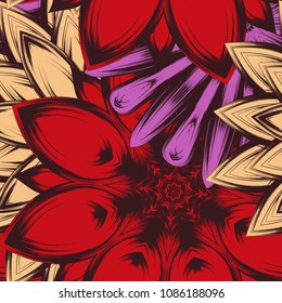 Seamless floral background. Tracery handmade nature ethnic fabric backdrop pattern with flowers. Textile design texture. Decorative color art. Vector