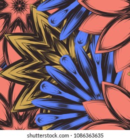 Seamless floral background. Tracery handmade nature ethnic fabric backdrop pattern with flowers. Textile design texture. Decorative color art. Vector