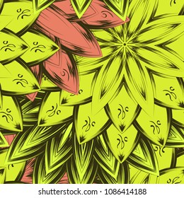 Seamless floral background. Tracery handmade nature ethnic fabric backdrop pattern with flowers. Textile design texture. Decorative color art. Vector