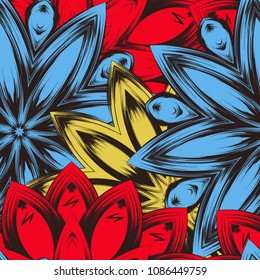 Seamless floral background. Tracery handmade nature ethnic fabric backdrop pattern with flowers. Textile design texture. Decorative color art. Vector