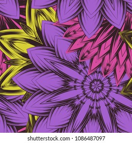 Seamless floral background. Tracery handmade nature ethnic fabric backdrop pattern with flowers. Textile design texture. Decorative color art. Vector