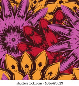 Seamless floral background. Tracery handmade nature ethnic fabric backdrop pattern with flowers. Textile design texture. Decorative color art. Vector