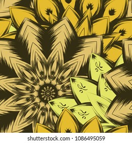 Seamless floral background. Tracery handmade nature ethnic fabric backdrop pattern with flowers. Textile design texture. Decorative color art. Vector