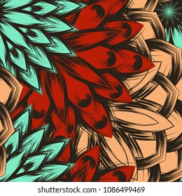 Seamless floral background. Tracery handmade nature ethnic fabric backdrop pattern with flowers. Textile design texture. Decorative color art. Vector