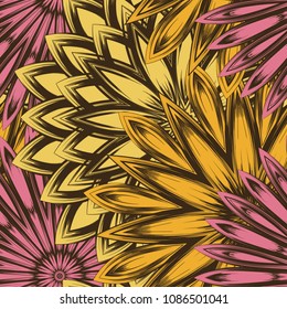 Seamless floral background. Tracery handmade nature ethnic fabric backdrop pattern with flowers. Textile design texture. Decorative color art. Vector