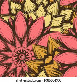 Seamless floral background. Tracery handmade nature ethnic fabric backdrop pattern with flowers. Textile design texture. Decorative color art. Vector