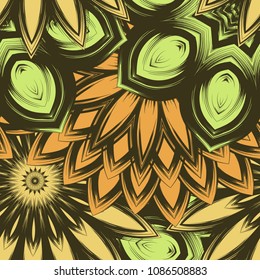 Seamless floral background. Tracery handmade nature ethnic fabric backdrop pattern with flowers. Textile design texture. Decorative color art. Vector