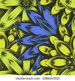 Seamless floral background. Tracery handmade nature ethnic fabric backdrop pattern with flowers. Textile design texture. Decorative color art. Vector