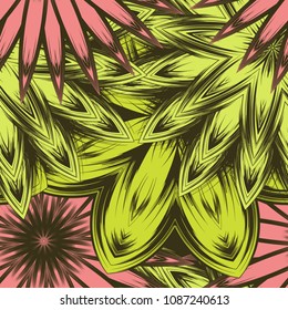 Seamless floral background. Tracery handmade nature ethnic fabric backdrop pattern with flowers. Textile design texture. Decorative color art. Vector