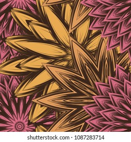 Seamless floral background. Tracery handmade nature ethnic fabric backdrop pattern with flowers. Textile design texture. Decorative color art. Vector