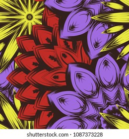 Seamless floral background. Tracery handmade nature ethnic fabric backdrop pattern with flowers. Textile design texture. Decorative color art. Vector
