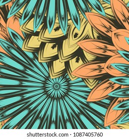 Seamless floral background. Tracery handmade nature ethnic fabric backdrop pattern with flowers. Textile design texture. Decorative color art. Vector