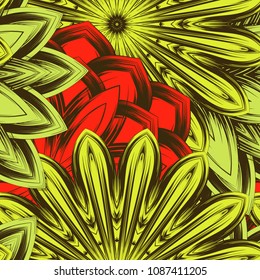 Seamless floral background. Tracery handmade nature ethnic fabric backdrop pattern with flowers. Textile design texture. Decorative color art. Vector