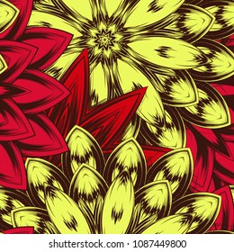 Seamless floral background. Tracery handmade nature ethnic fabric backdrop pattern with flowers. Textile design texture. Decorative color art. Vector