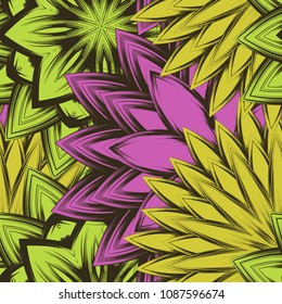 Seamless floral background. Tracery handmade nature ethnic fabric backdrop pattern with flowers. Textile design texture. Decorative color art. Vector