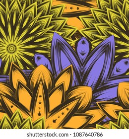 Seamless floral background. Tracery handmade nature ethnic fabric backdrop pattern with flowers. Textile design texture. Decorative color art. Vector
