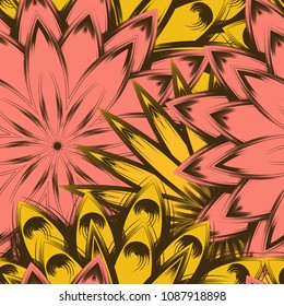 Seamless floral background. Tracery handmade nature ethnic fabric backdrop pattern with flowers. Textile design texture. Decorative color art. Vector