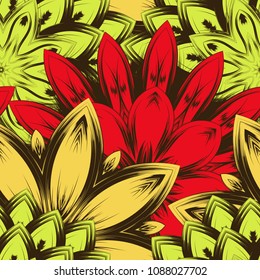 Seamless floral background. Tracery handmade nature ethnic fabric backdrop pattern with flowers. Textile design texture. Decorative color art. Vector