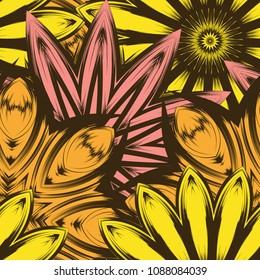 Seamless floral background. Tracery handmade nature ethnic fabric backdrop pattern with flowers. Textile design texture. Decorative color art. Vector