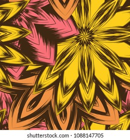 Seamless floral background. Tracery handmade nature ethnic fabric backdrop pattern with flowers. Textile design texture. Decorative color art. Vector