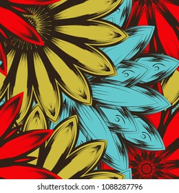 Seamless floral background. Tracery handmade nature ethnic fabric backdrop pattern with flowers. Textile design texture. Decorative color art. Vector