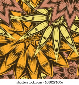 Seamless floral background. Tracery handmade nature ethnic fabric backdrop pattern with flowers. Textile design texture. Decorative color art. Vector
