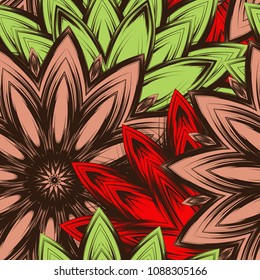 Seamless floral background. Tracery handmade nature ethnic fabric backdrop pattern with flowers. Textile design texture. Decorative color art. Vector