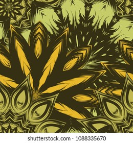 Seamless floral background. Tracery handmade nature ethnic fabric backdrop pattern with flowers. Textile design texture. Decorative color art. Vector