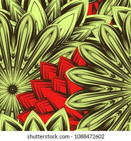 Seamless floral background. Tracery handmade nature ethnic fabric backdrop pattern with flowers. Textile design texture. Decorative color art. Vector