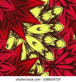 Seamless floral background. Tracery handmade nature ethnic fabric backdrop pattern with flowers. Textile design texture. Decorative color art. Vector