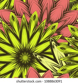 Seamless floral background. Tracery handmade nature ethnic fabric backdrop pattern with flowers. Textile design texture. Decorative color art. Vector