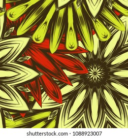 Seamless floral background. Tracery handmade nature ethnic fabric backdrop pattern with flowers. Textile design texture. Decorative color art. Vector